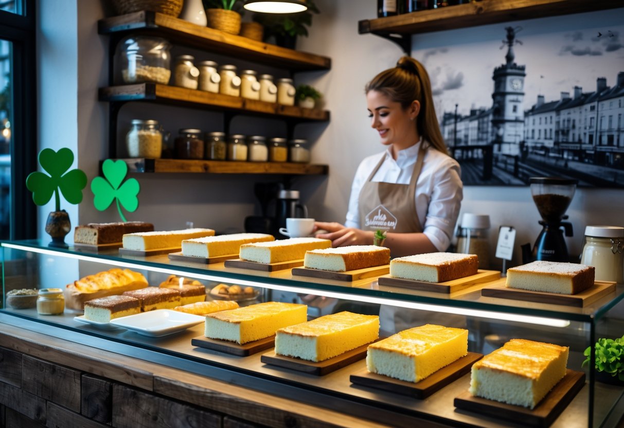 A bakery counter displaying slices of Gur cake with a barista serving a customer in a cozy interior decorated with Irish-themed items.