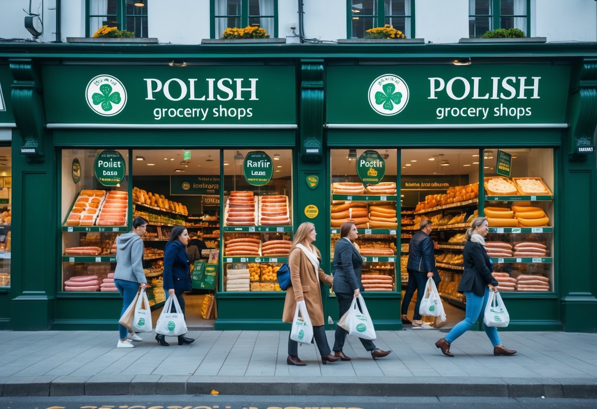 Street view of several Polish grocery shops in Ireland with people shopping and colorful product displays visible through the windows.