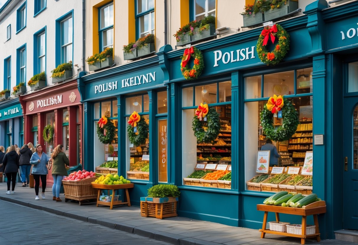 A street with several Polish shops in Ireland, showing people walking and shopping outside colorful storefronts.