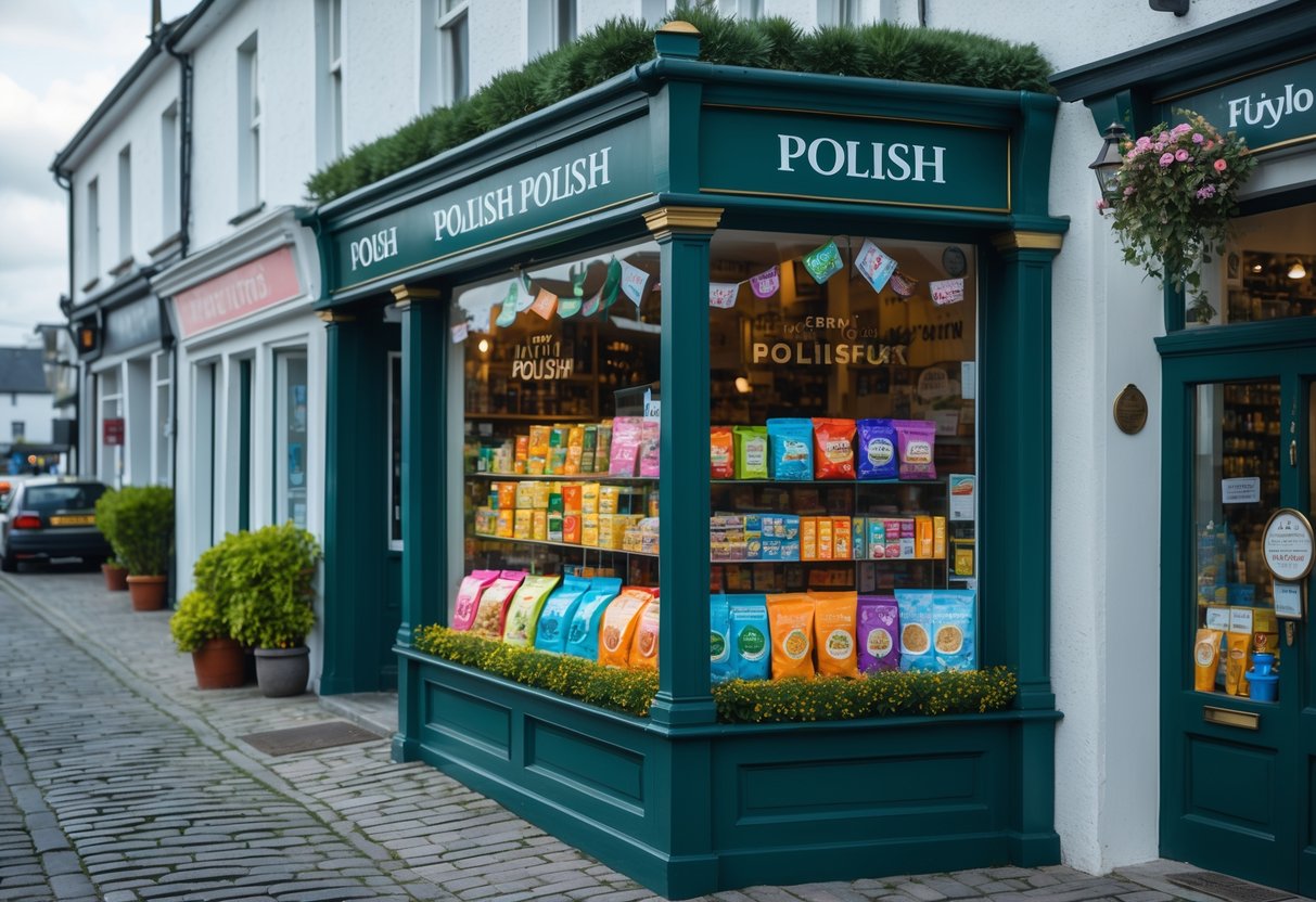 A small-town street with a Polish shop displaying traditional Polish products in the window, surrounded by other local businesses.