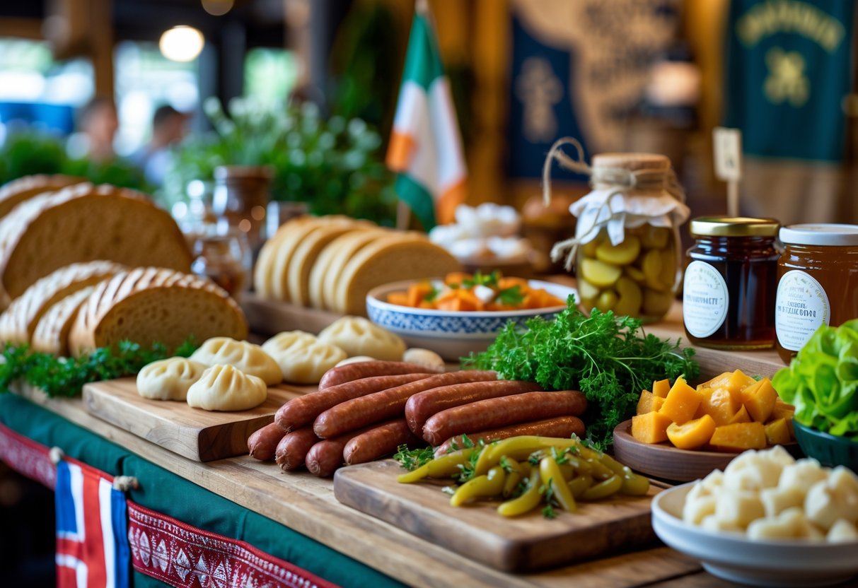 A market stall displaying traditional Lithuanian food dishes and ingredients on a wooden table inside an indoor market.