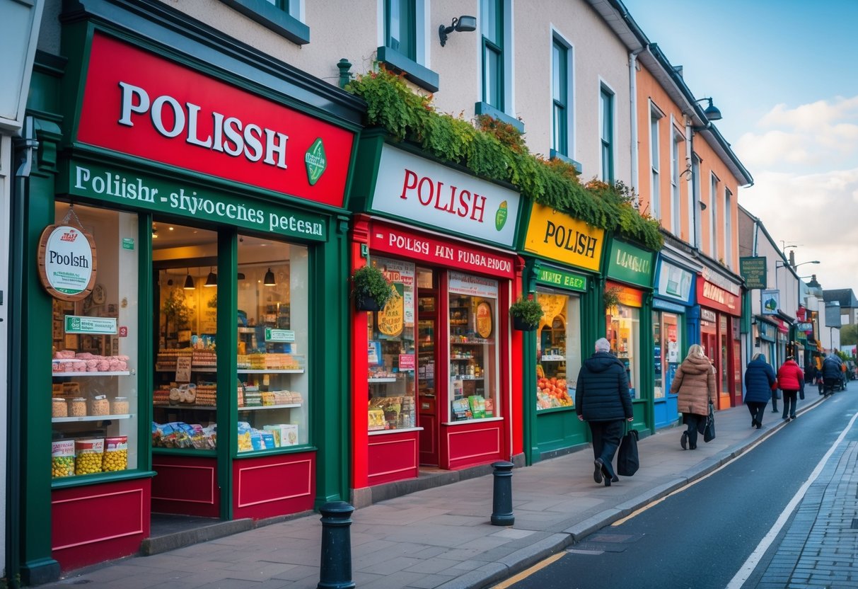 A busy street in Northern Ireland near the border with Polish shops and people walking on the sidewalk.