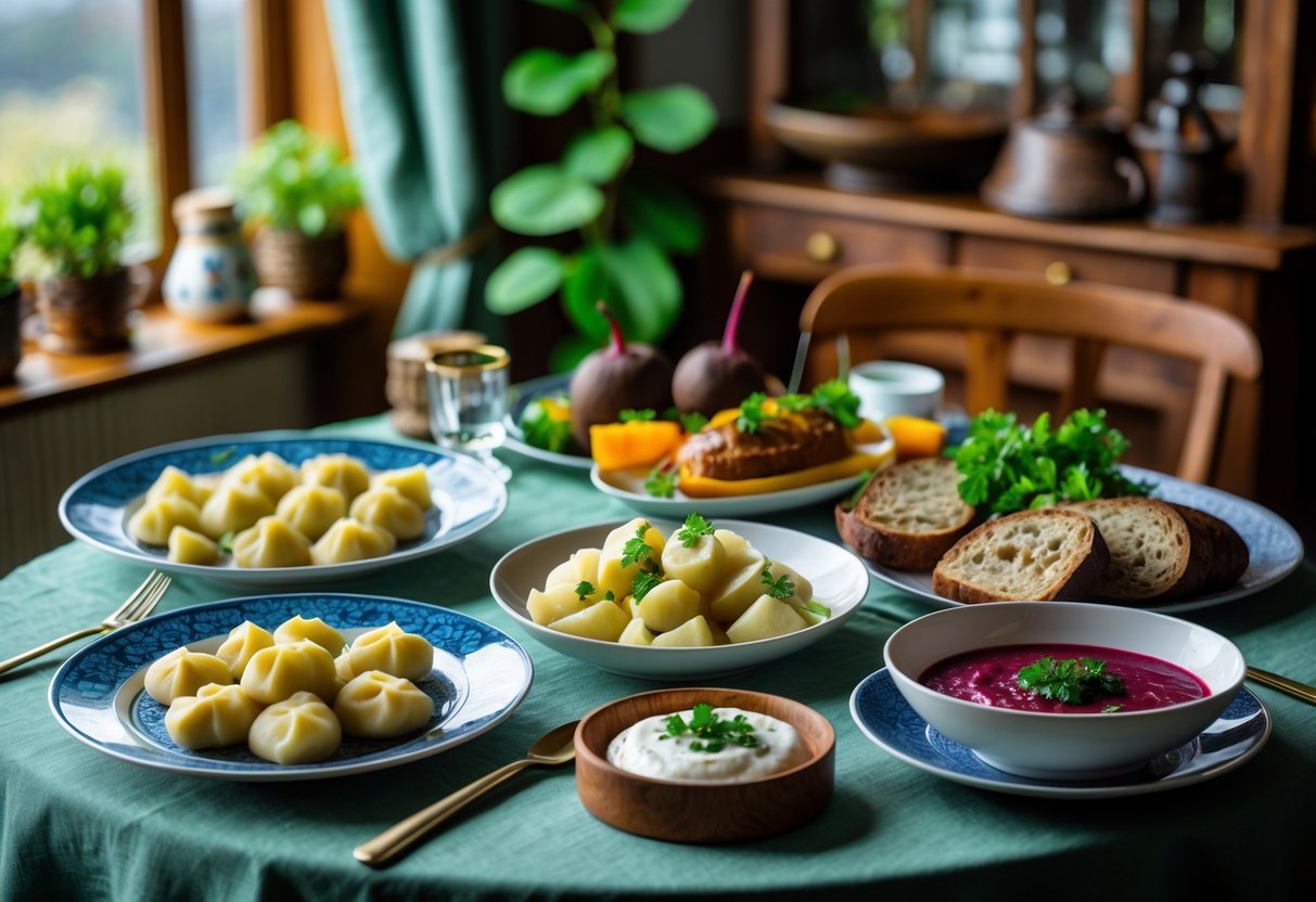 A table with traditional Lithuanian dishes including potato dumplings, potato pudding, rye bread, and beetroot soup in a warm, cozy dining setting with natural light and rustic furniture.