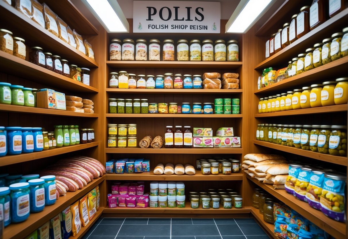 Interior of a Polish shop in Ireland showing shelves filled with a variety of traditional Polish food products.