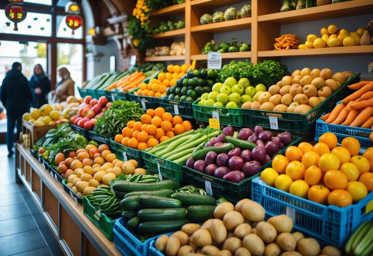 Fresh fruits and vegetables displayed on shelves inside a Polish grocery shop in Ireland with shoppers browsing.