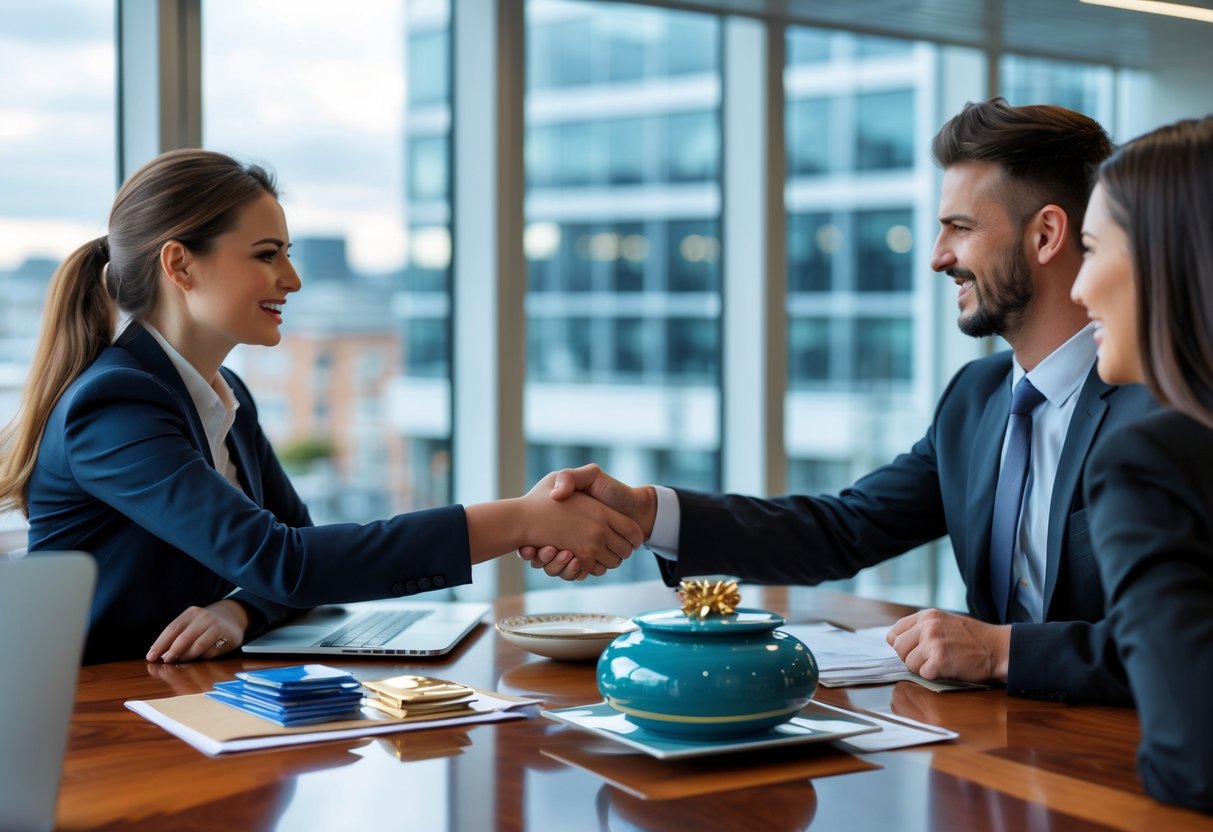 Two businesspeople shaking hands across a table with laptops and polished goods samples in a modern office with a city view.