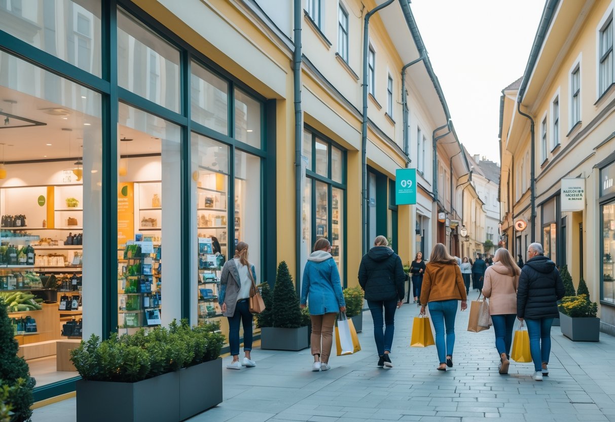 People shopping on a clean, modern street with storefronts and plants during the day.