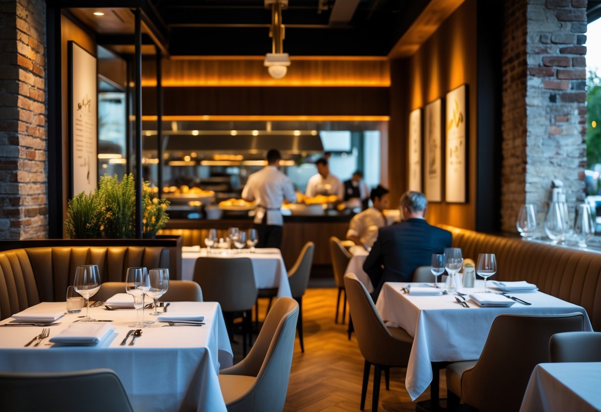 Interior of an Italian restaurant with diners, tables set with glassware and plates, warm lighting, and chefs working in an open kitchen.