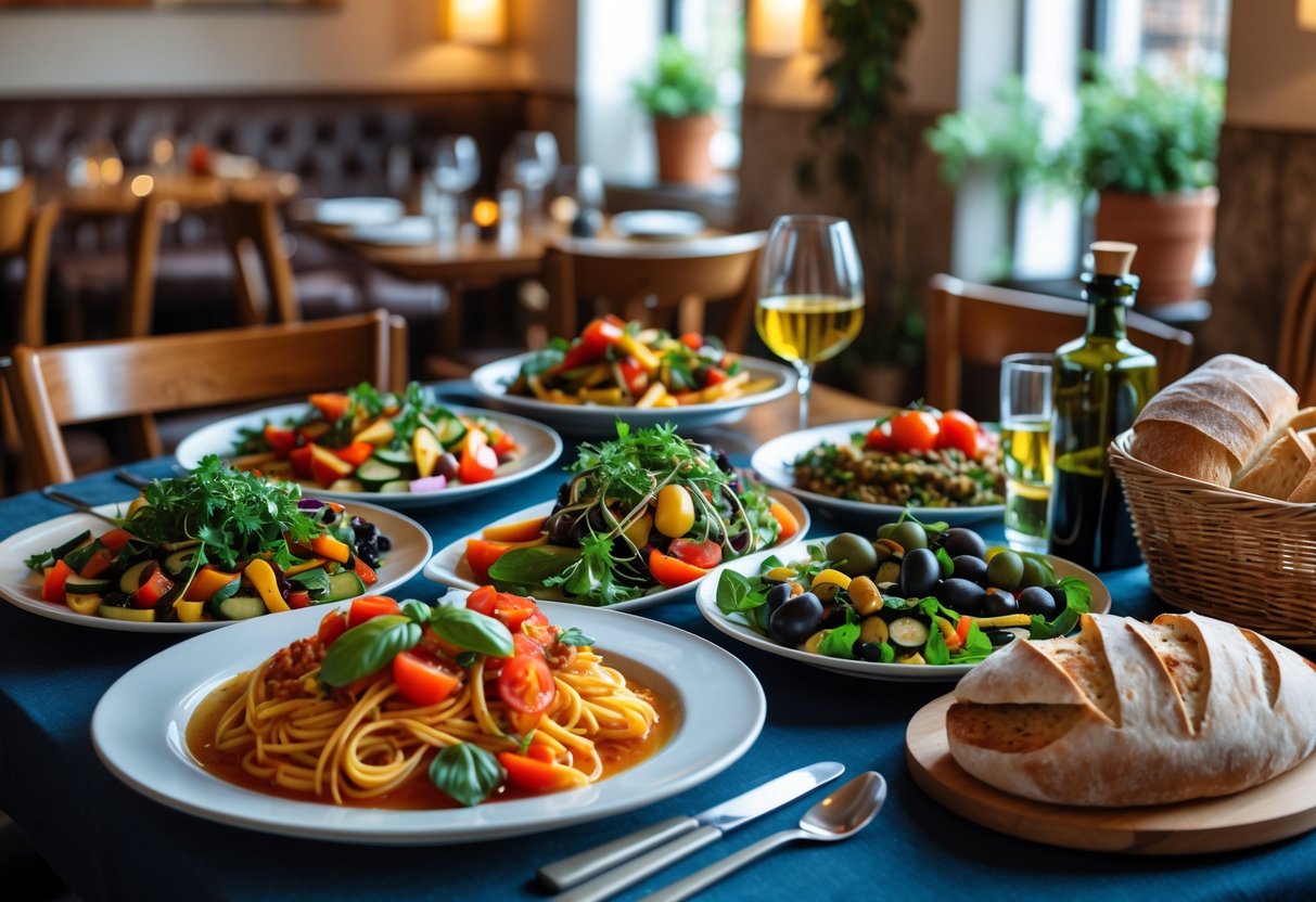 A table in an Italian restaurant in Cork with plates of vegetarian and vegan Italian dishes, including pasta, grilled vegetables, salad, and bread.
