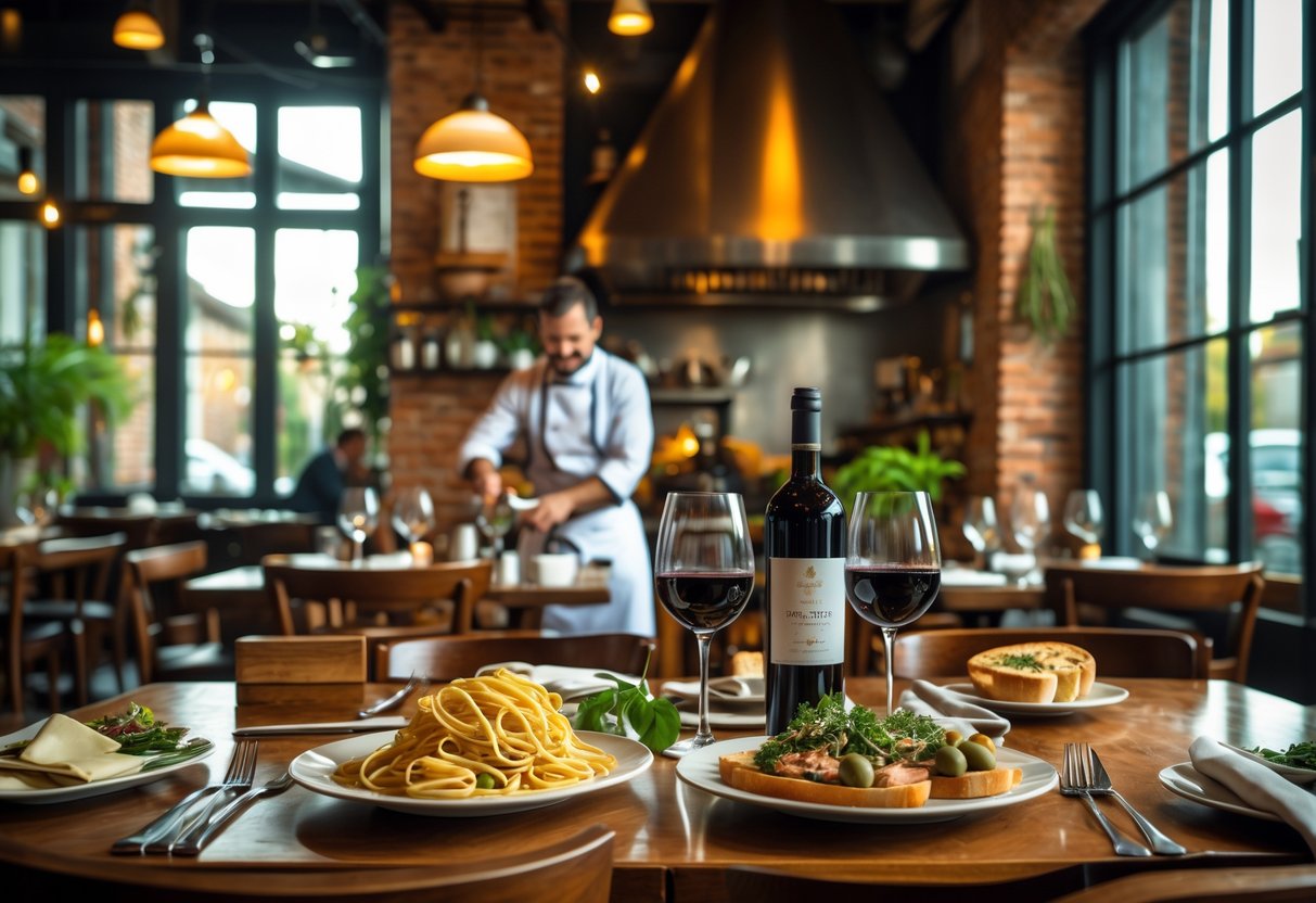 A cozy Italian restaurant interior in Cork with a wooden table set with Mediterranean dishes and wine, a chef cooking in the background, and diners enjoying their meals.