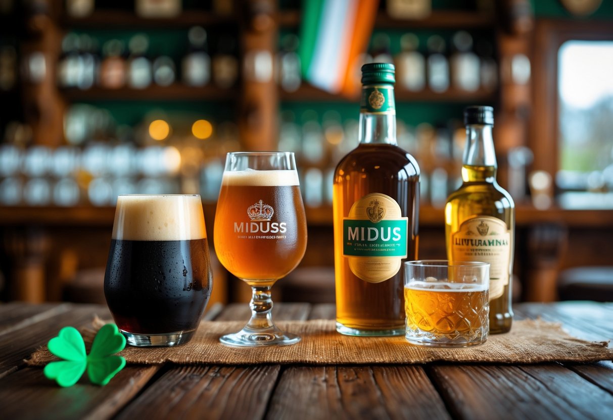 A table displaying various Lithuanian drinks in an Irish pub setting with traditional beverages and Irish cultural elements in the background.