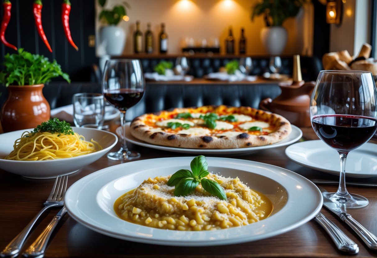 A table with plates of spaghetti carbonara, Margherita pizza, and risotto in an Italian restaurant setting with wine glasses and warm lighting.