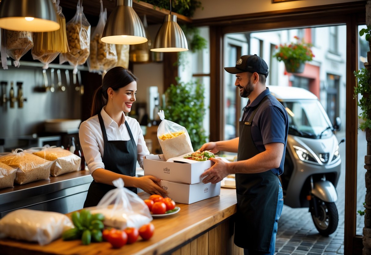 An Italian restaurant in Cork with staff handing over takeaway food to a customer and a delivery driver loading food bags into a vehicle outside.
