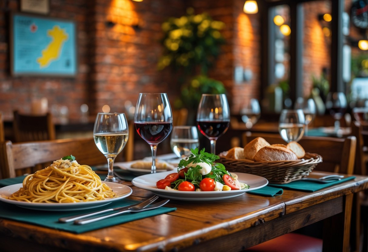 A table set with Italian dishes and wine in a cozy restaurant with warm lighting and rustic decor.
