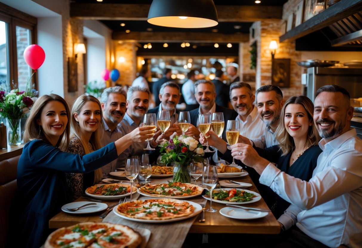 A group of people celebrating at a table in an Italian restaurant with food and drinks, smiling and toasting together.