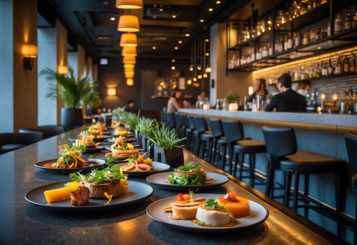 Interior of a modern tapas bar with small plates of food on the bar and people enjoying their meals in a cozy setting.