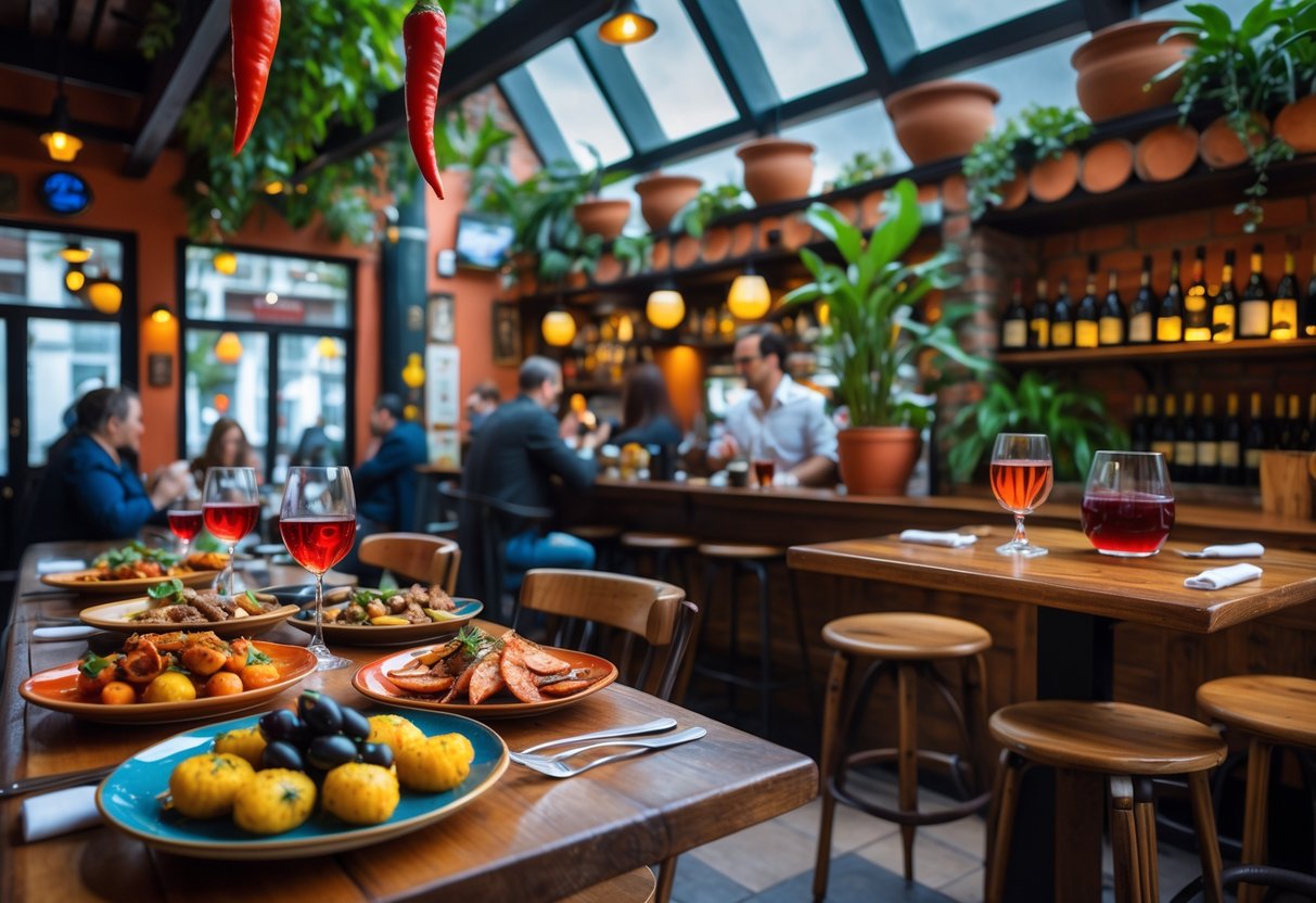 Interior of a lively tapas bar with wooden tables, colorful plates of food, and people enjoying drinks and small dishes.
