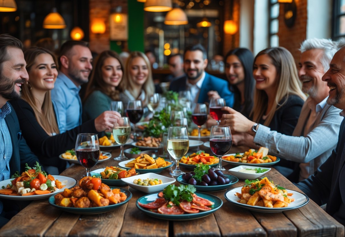 A group of people enjoying a variety of tapas dishes and drinks at a cozy tapas bar in Dublin.