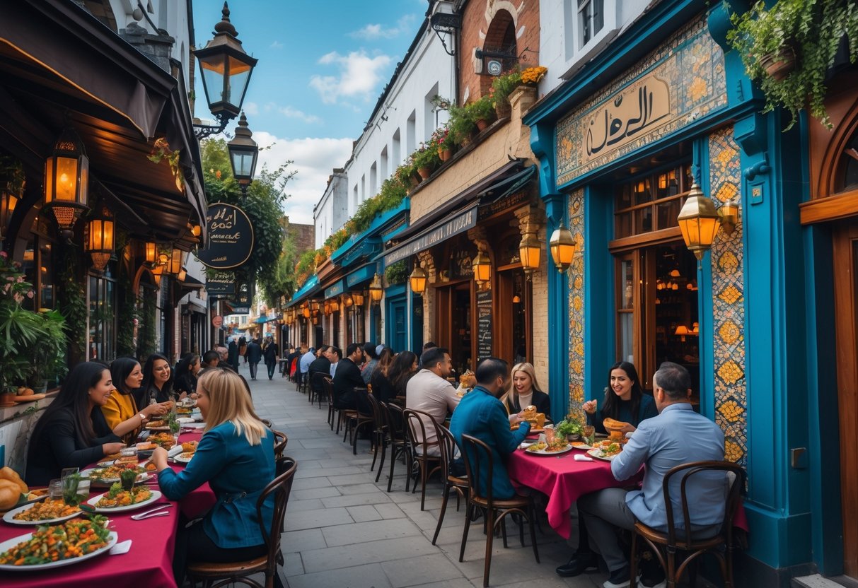 A lively street in Dublin with Middle Eastern restaurants and people enjoying traditional dishes outdoors.