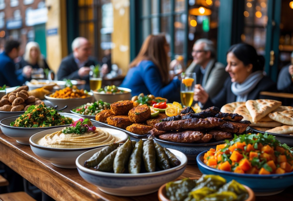 A table filled with various Middle Eastern dishes and people enjoying food in a setting with a view of Dublin city.
