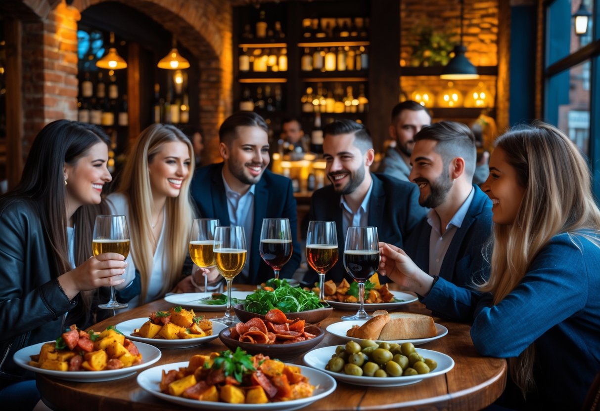 A group of friends enjoying a variety of tapas dishes and drinks at a cozy tapas bar in Dublin.