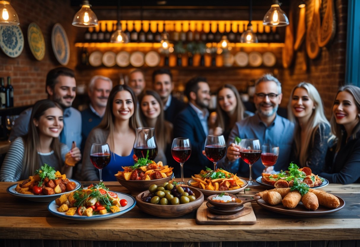 Interior of a lively tapas bar with wooden counters, colorful dishes, wine glasses, and people enjoying food and conversation.