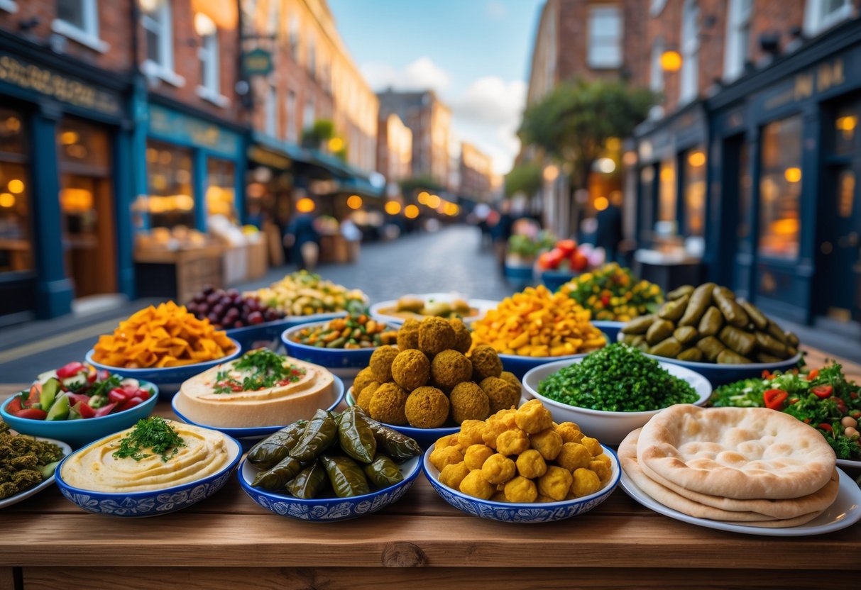 A table filled with various Middle Eastern dishes such as hummus, falafel, and pita bread, set outdoors with Dublin city buildings in the background.