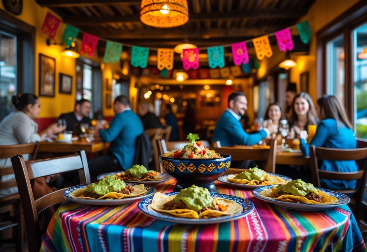 Interior of a Mexican restaurant in Cork with wooden tables, colorful decorations, and plates of Mexican food, with diners enjoying their meals.