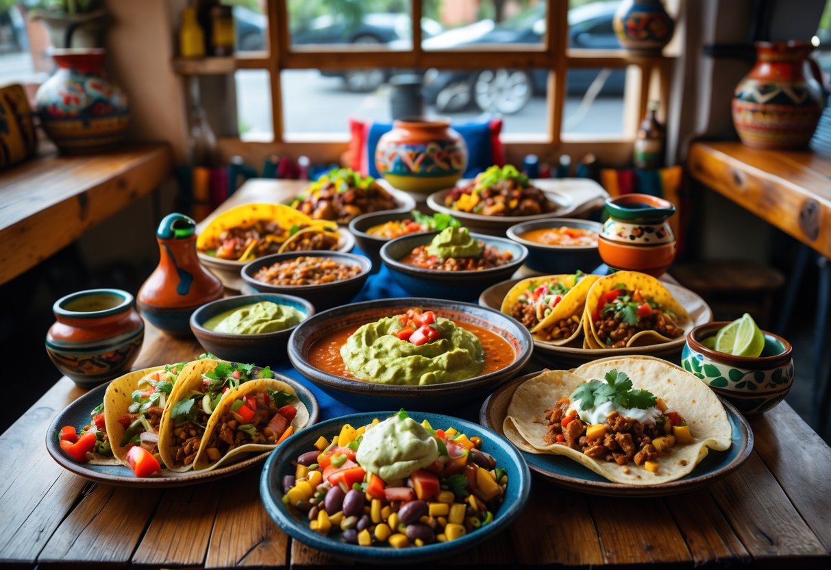 A table set with a variety of traditional Mexican dishes in a cozy restaurant setting.