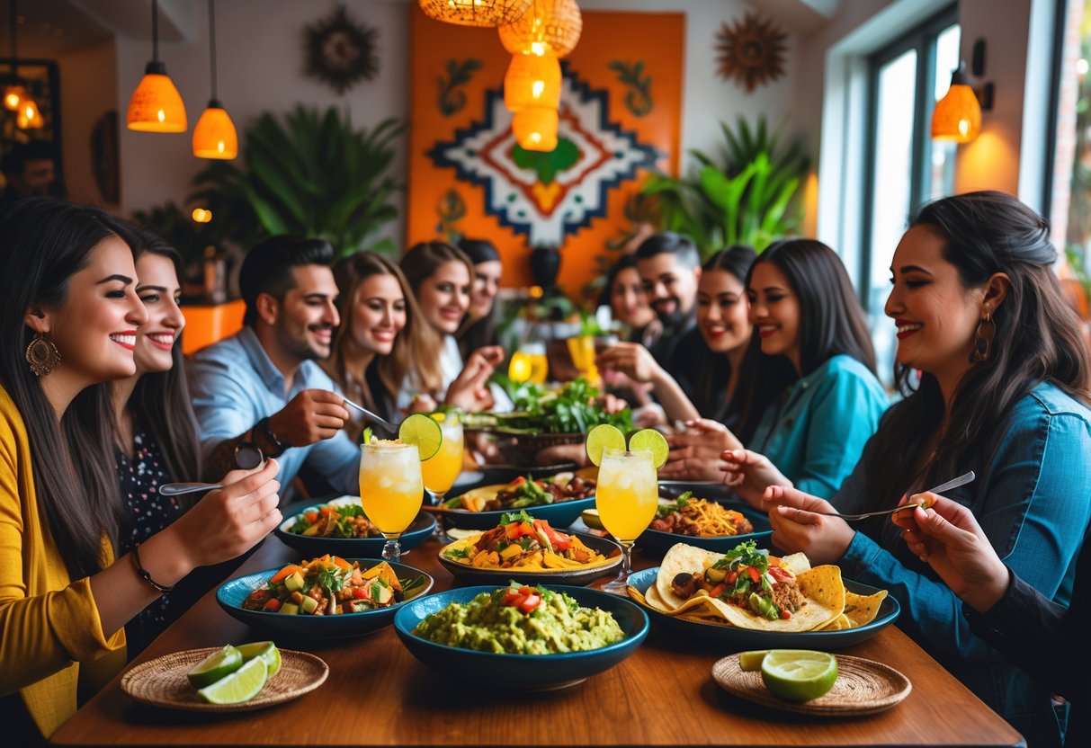 People enjoying a variety of Mexican dishes together at a restaurant table in Cork.
