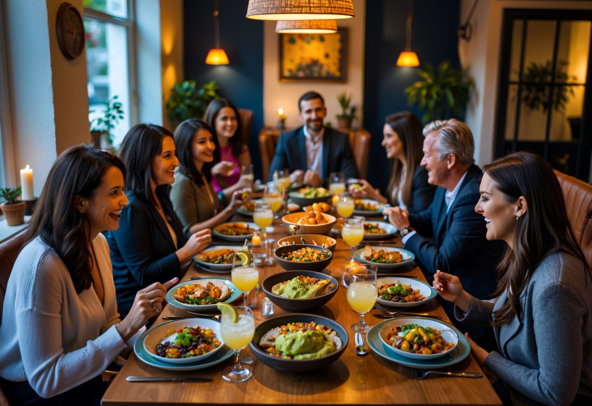 A group of people enjoying a private dining experience with Mexican food around a wooden table in a warmly lit room.