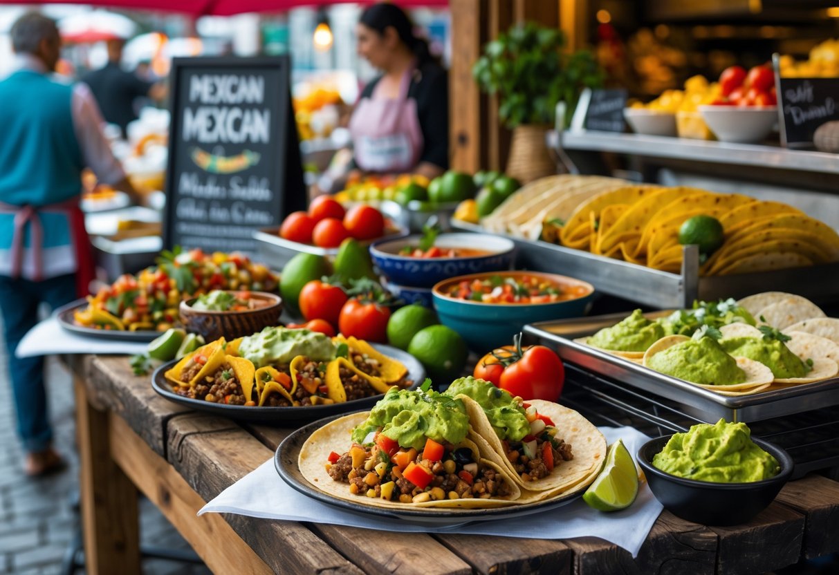 A vibrant market stall in Cork displaying traditional Mexican dishes and fresh ingredients with a vendor serving customers.