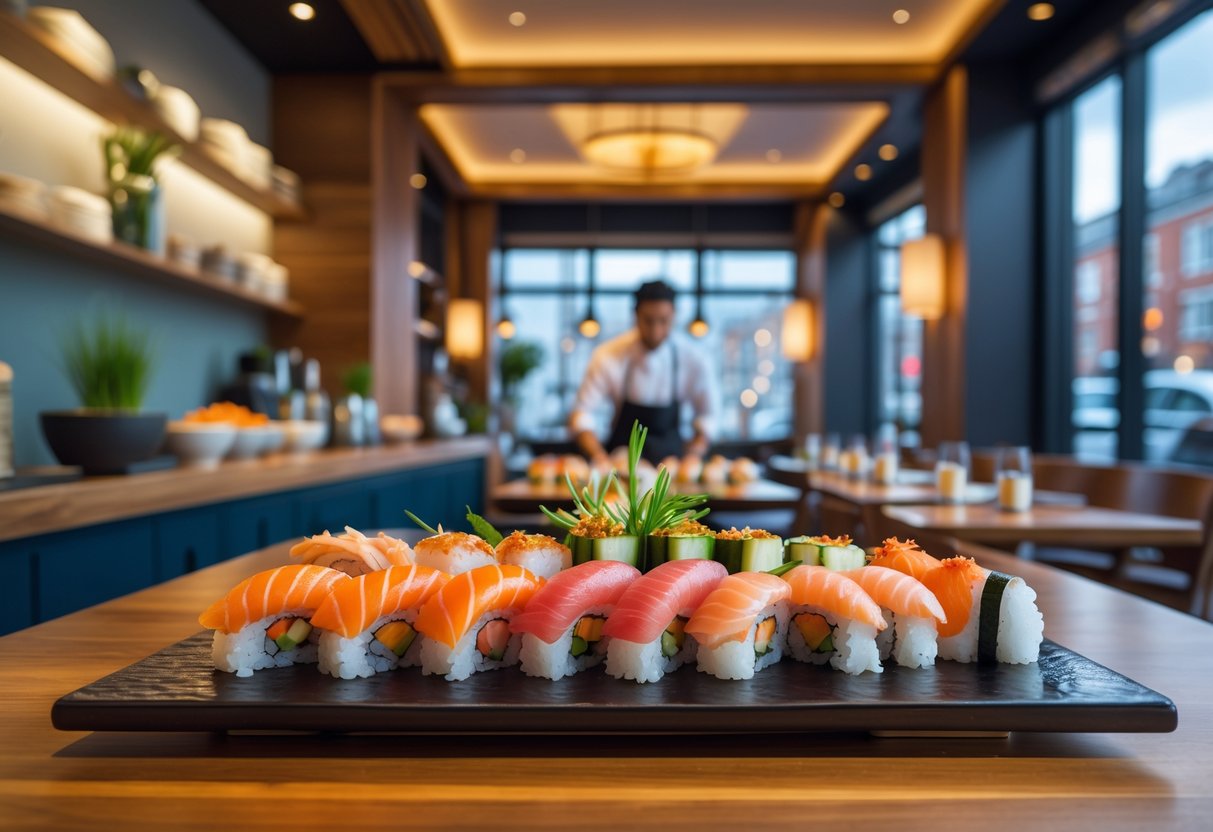 A sushi platter with various sushi pieces on a wooden table inside a modern restaurant, with a sushi chef preparing food in the background.