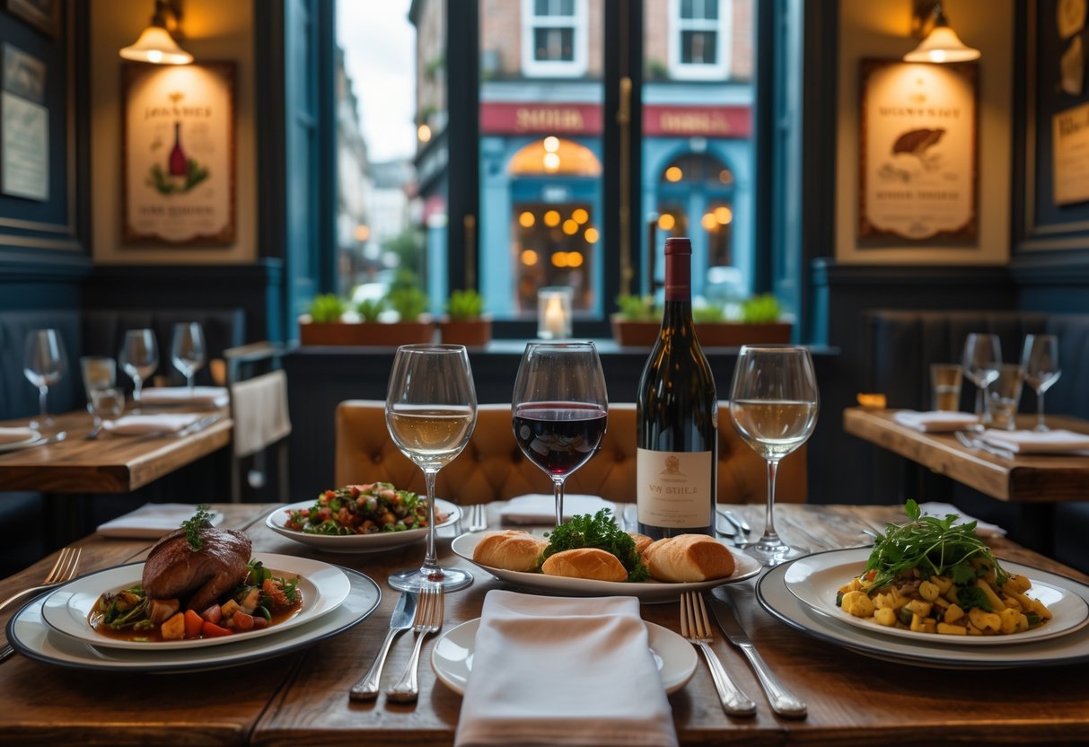 Interior of a French restaurant in Dublin with tables set for dining and traditional French dishes served.