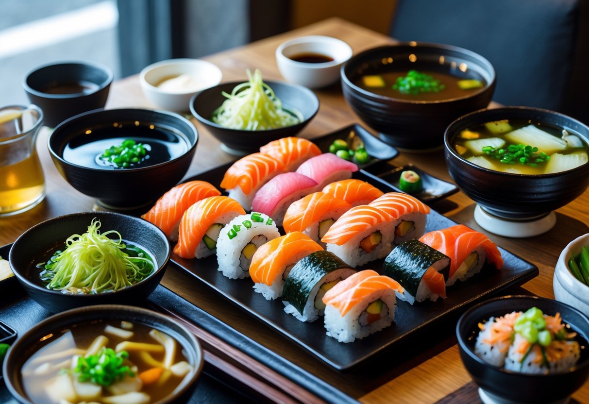 A table with bowls of Japanese soups, plates of sushi, and traditional side dishes arranged neatly in a restaurant setting.