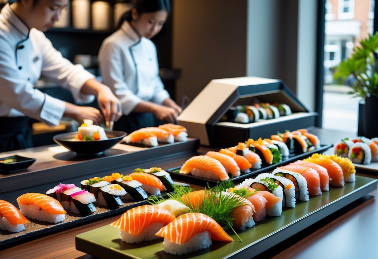 A sushi chef preparing sushi at a counter with sushi platters and a takeaway sushi box displayed nearby.