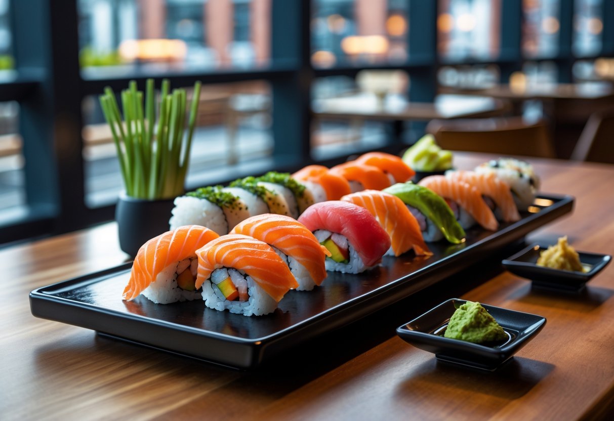A sushi platter with various types of sushi on a wooden table in a restaurant with a view of Dublin city in the background.