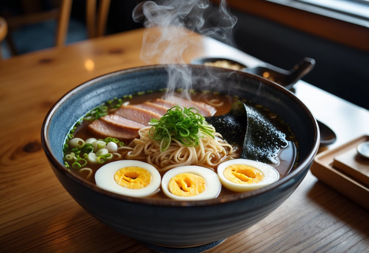 A bowl of steaming ramen with pork, egg, and vegetables on a wooden table inside a cozy restaurant.