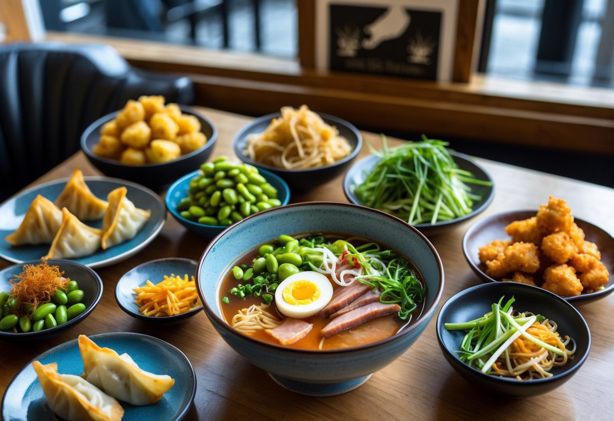 A table with a bowl of ramen and several small plates of sides including dumplings, edamame, tempura vegetables, and pickled vegetables in a modern restaurant setting.