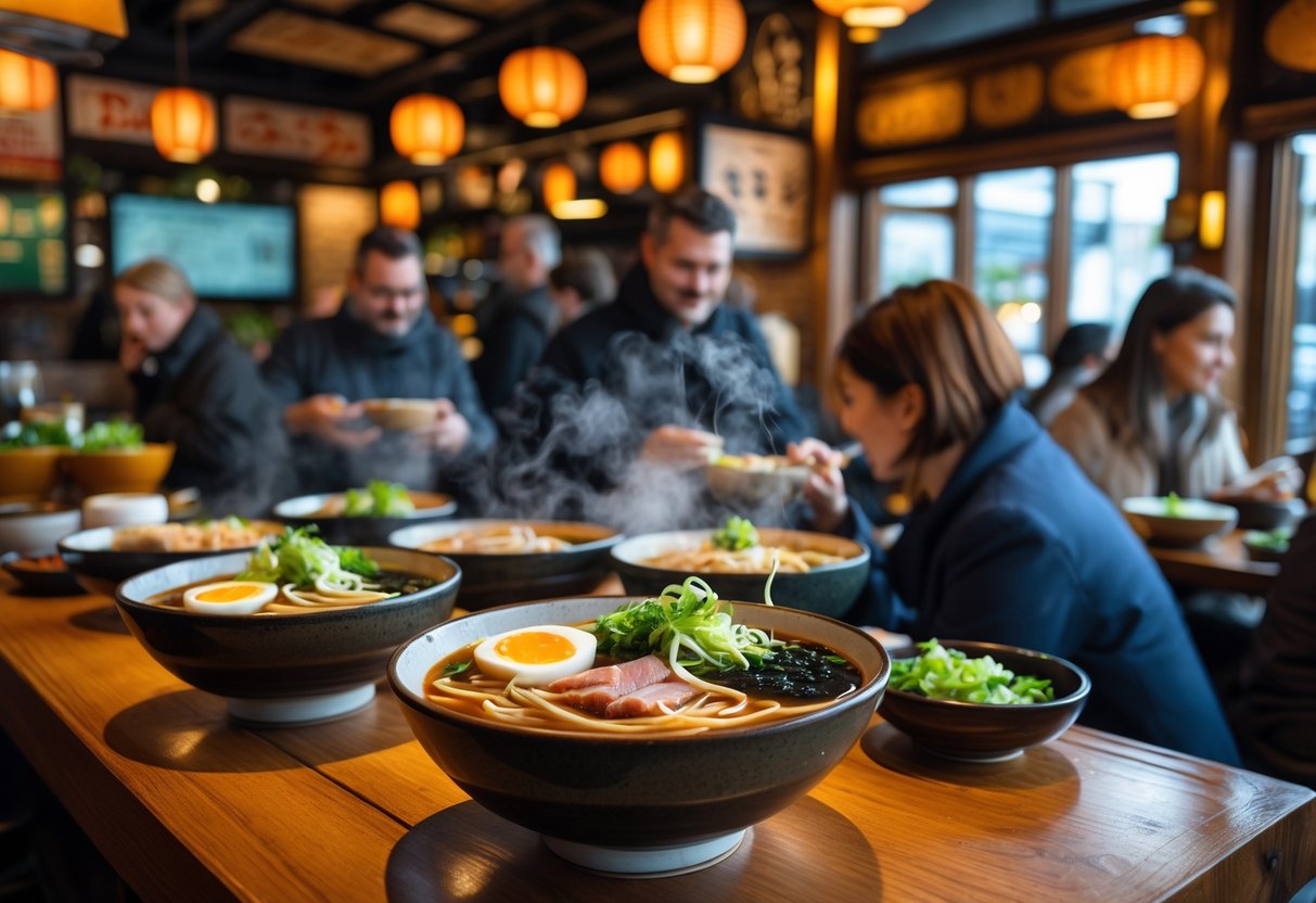 Interior of a cozy ramen restaurant with bowls of steaming ramen on a wooden counter and people enjoying their meals.
