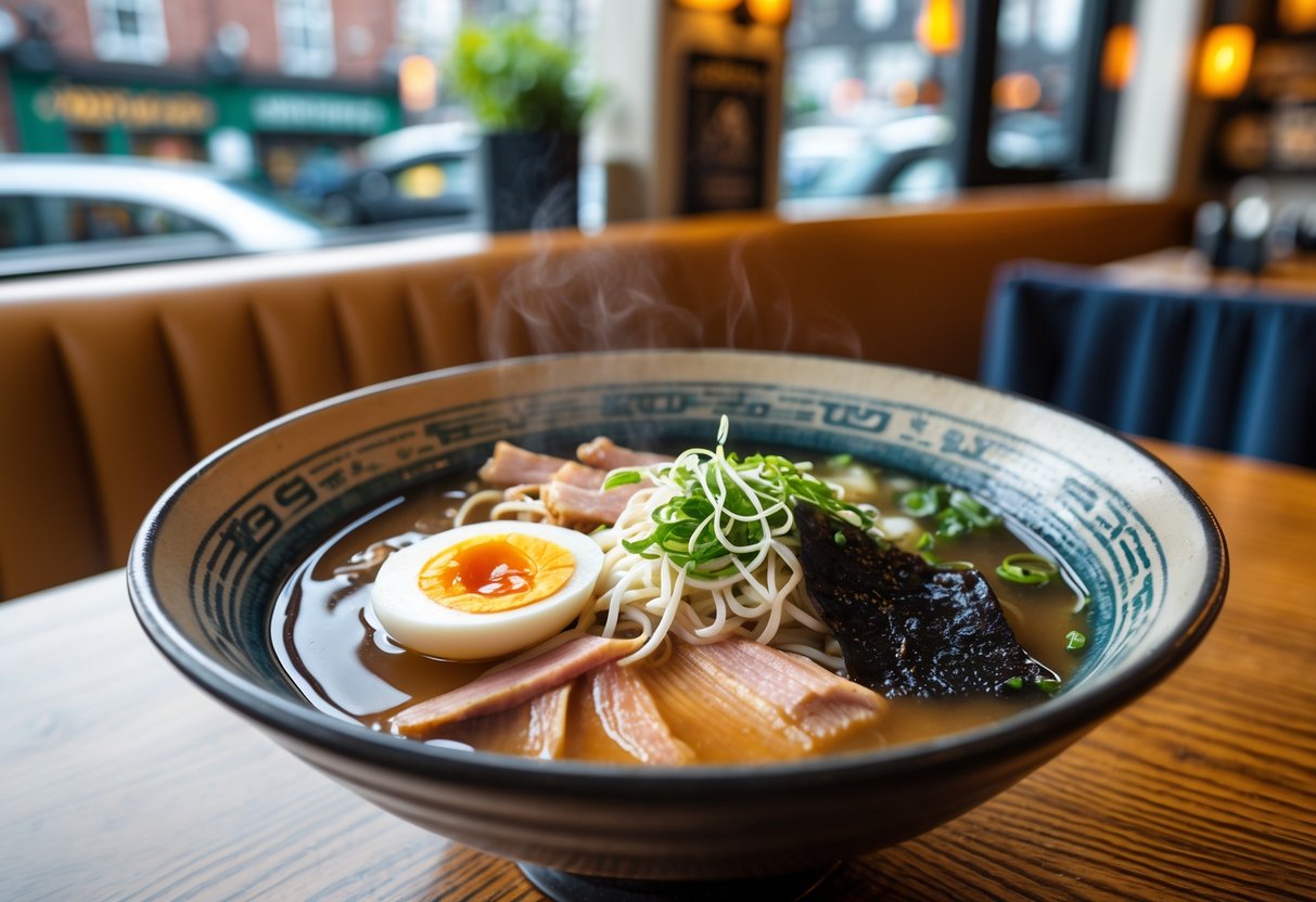 A bowl of steaming ramen on a wooden table inside a cozy restaurant with a view of Dublin through the window.