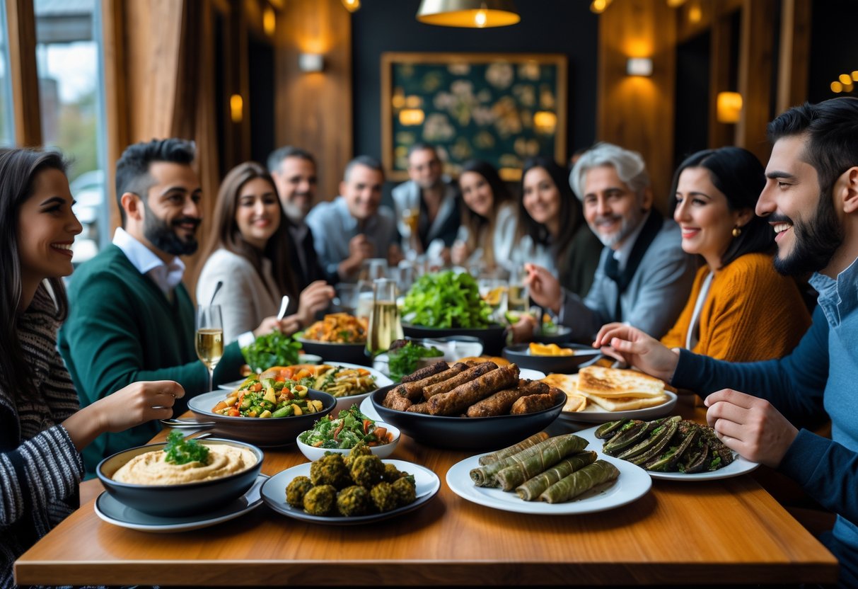 A table with various Lebanese dishes and people enjoying a meal together in a cozy restaurant.