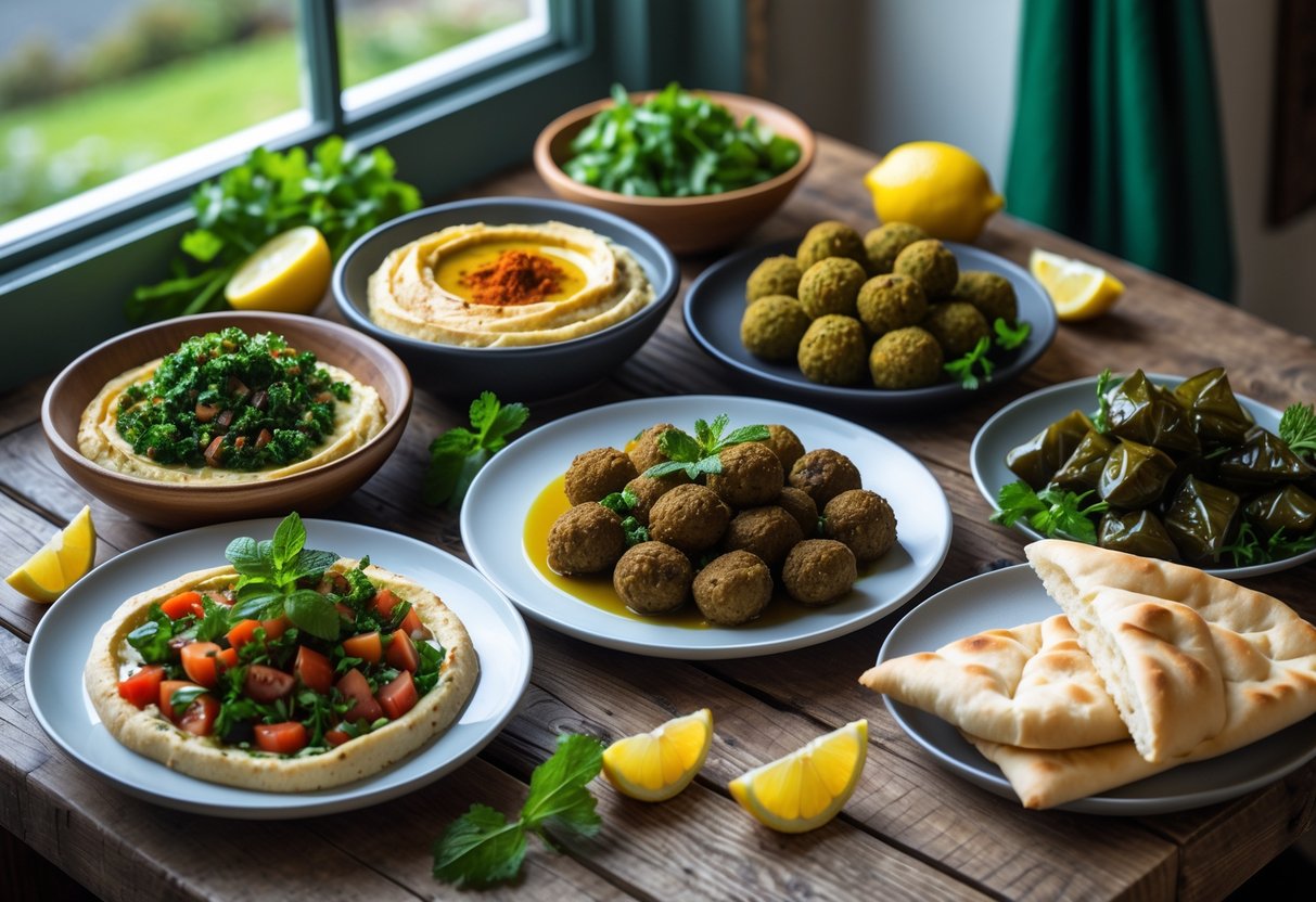 A table with various Lebanese dishes including hummus, tabbouleh, falafel, stuffed grape leaves, and pita bread, set in a bright room with natural light.