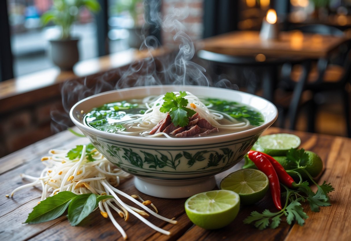 A steaming bowl of Vietnamese pho with beef, herbs, and lime on a wooden table in a cozy restaurant.