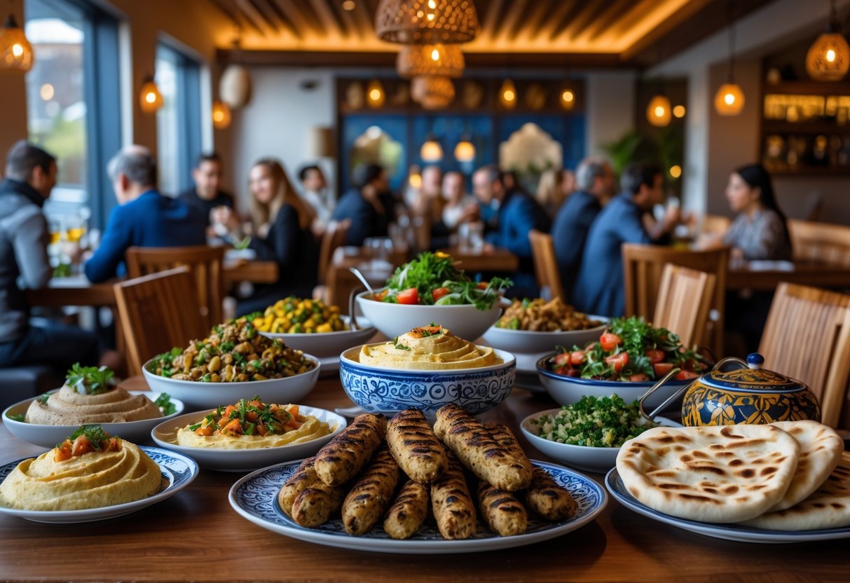 A table with various Lebanese dishes and people dining together in a cozy restaurant.