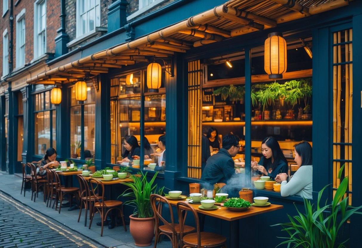 A busy Vietnamese restaurant in Dublin with people enjoying bowls of pho inside, set against a city street with historic buildings.
