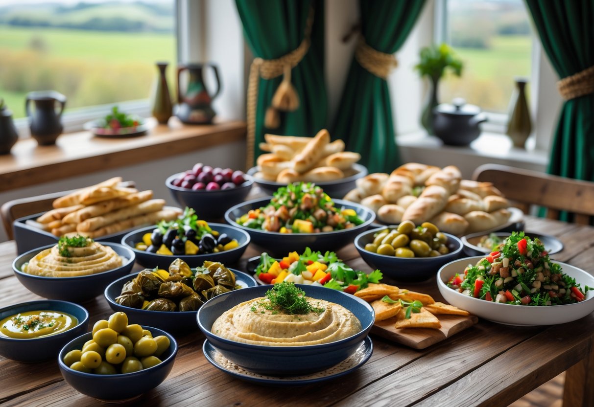 A table set with various Lebanese dishes including hummus, tabbouleh, kibbeh, stuffed grape leaves, and pita bread in a bright dining room with a window showing green Irish countryside.