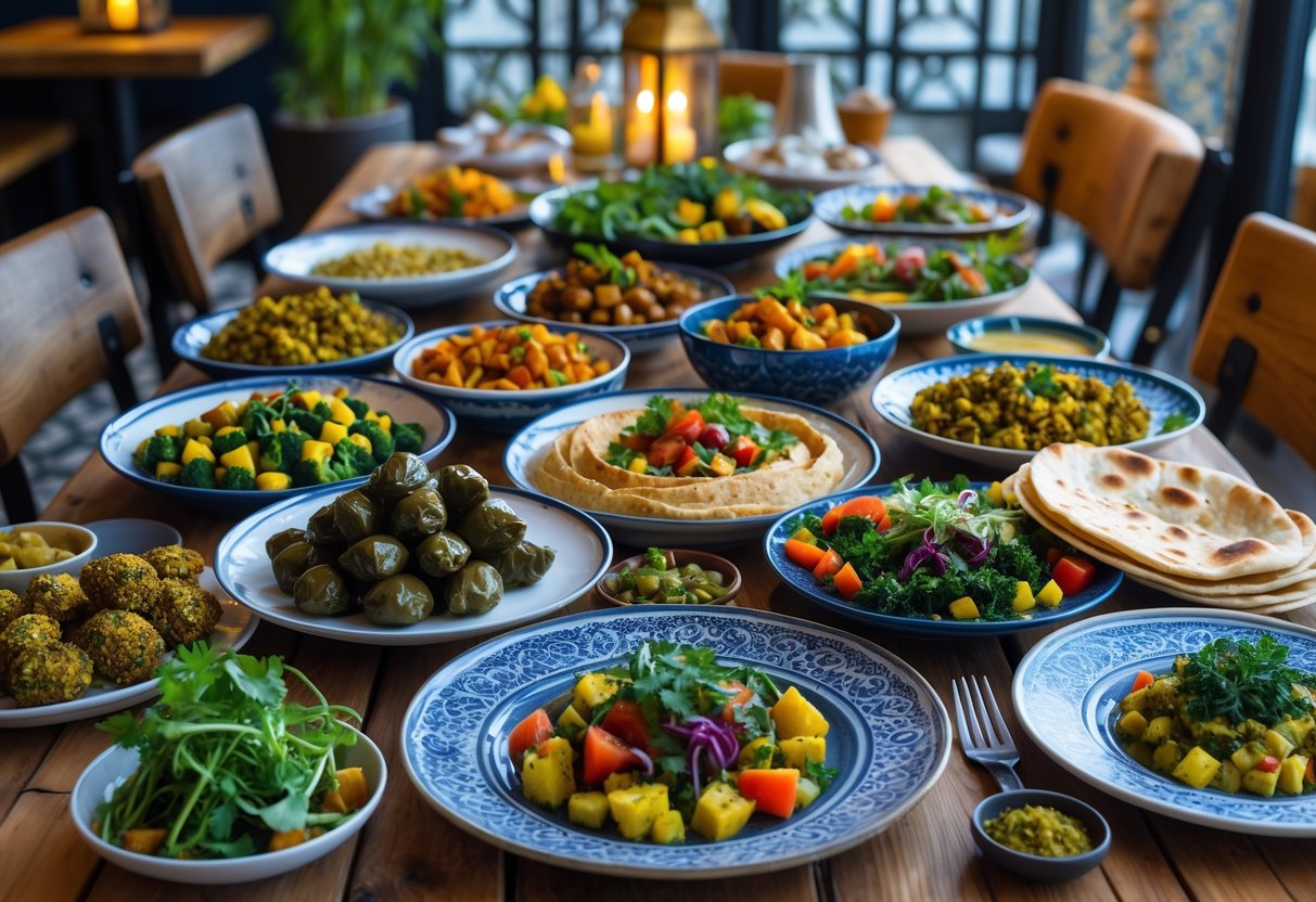 A table in a Turkish restaurant with a variety of vegetarian and vegan dishes including stuffed grape leaves, falafel, hummus, salads, roasted vegetables, and flatbreads.