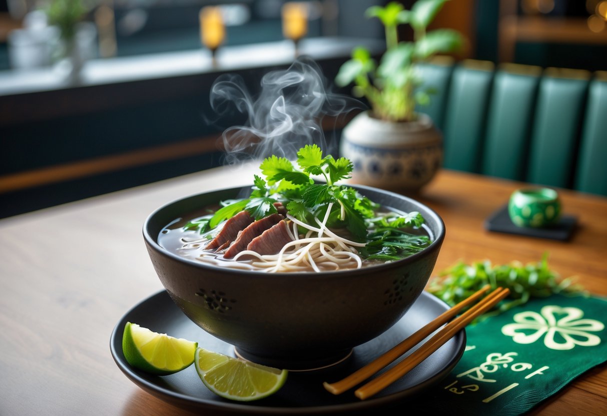 A bowl of Vietnamese pho with beef and fresh herbs on a wooden table with subtle Irish decorative elements in the background.