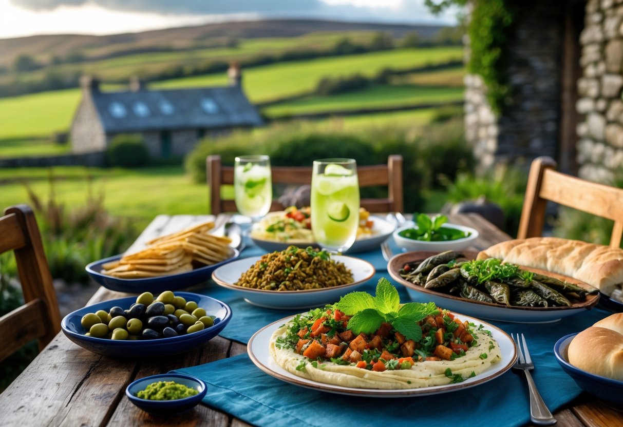 A table outdoors with traditional Lebanese dishes and a glass of mint lemonade, set against a green Irish countryside background.